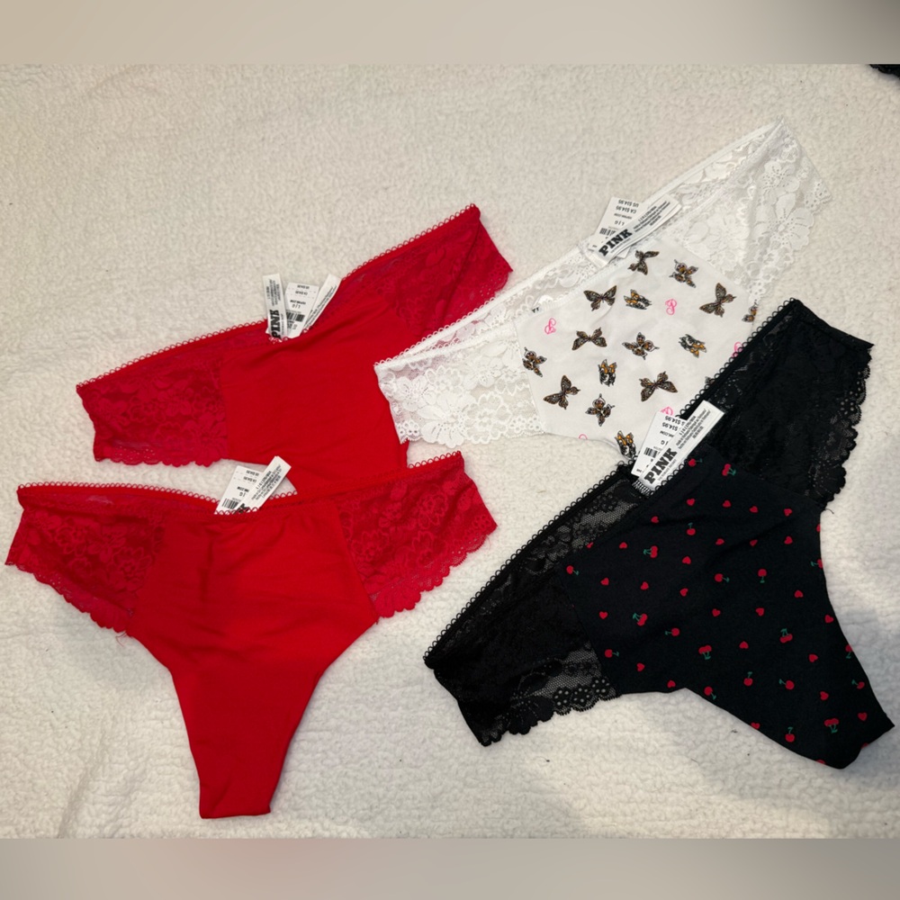 NWT PINK Victoria's Secret Lace Trim thong Panty bundle - Red, Black, White.